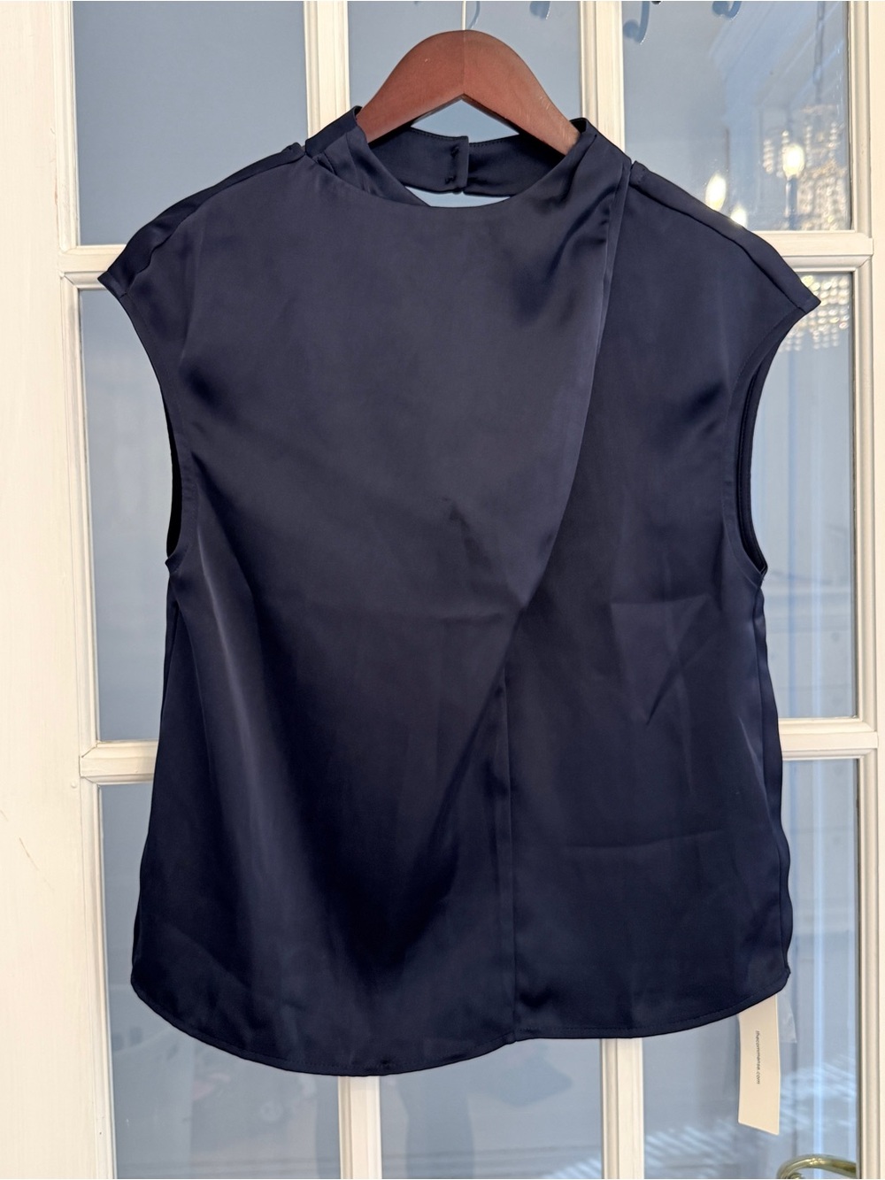 Commense Women’s Navy Blue Satin Draped Mock Neck Cap Sleeve Blouse NWT Size S